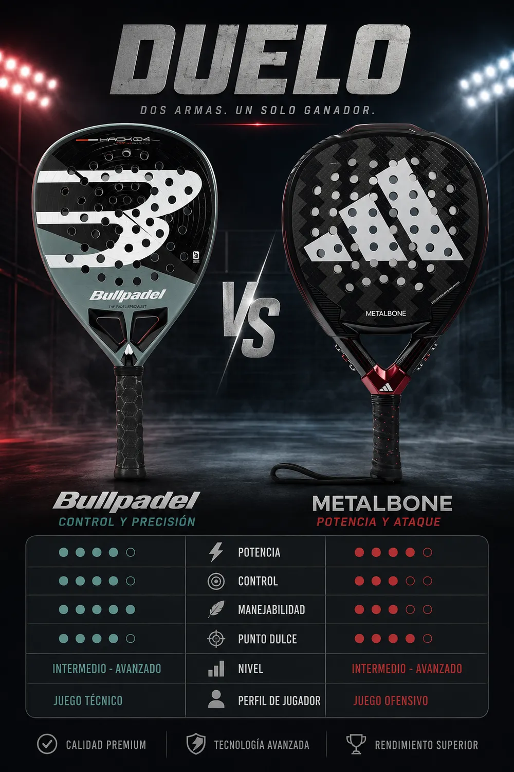 Duelo Adidas Metalbone 3.5 contra Bullpadel Hack 04: la Metalbone se orienta a potencia y ataque y la Hack 04 a control y precisión. Comparativa visual de potencia, control, manejabilidad y punto dulce, ambas para nivel intermedio-avanzado.
