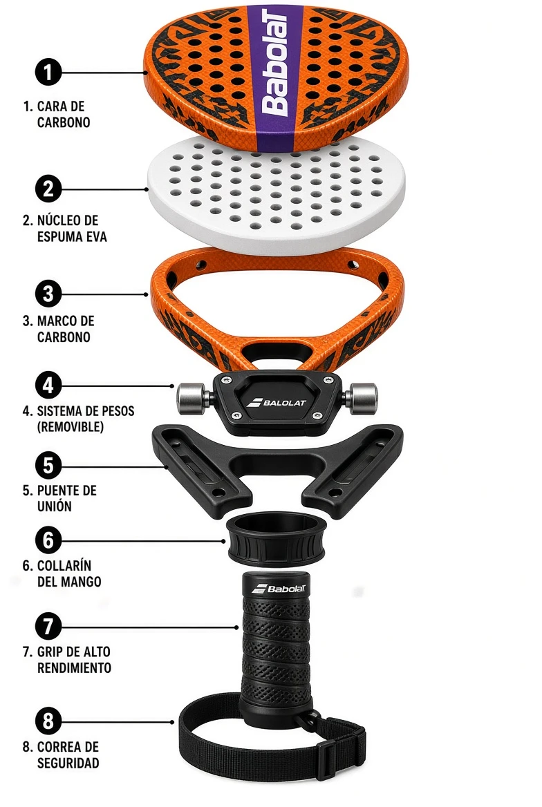 Despiece de la Babolat Viper Juan Lebrón: sus 8 componentes (cara de carbono, núcleo de espuma EVA, marco de carbono, sistema de pesos removible, puente de unión, collarín del mango, grip de alto rendimiento y correa de seguridad) con la función de cada pieza.
