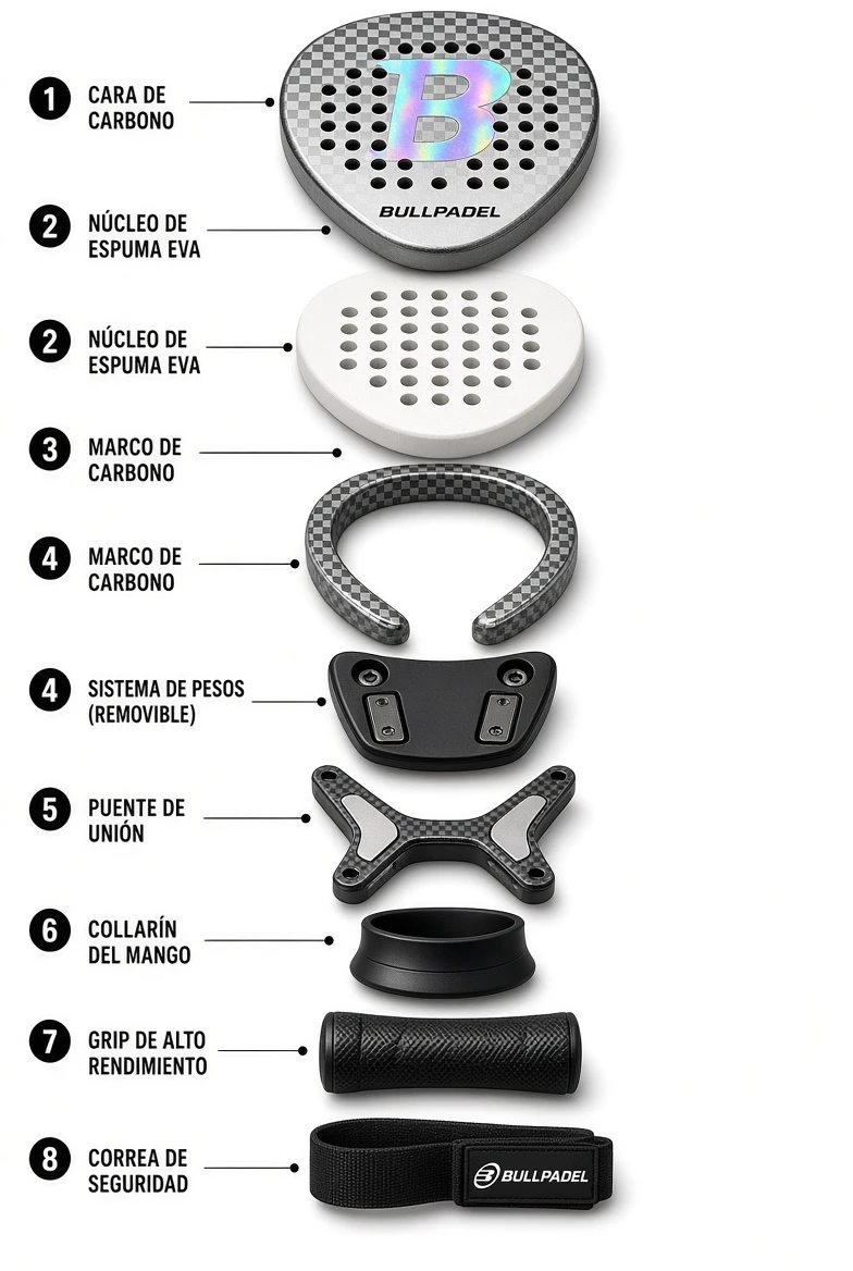 Despiece de la Bullpadel Hack 04: sus componentes (cara de carbono, núcleo de espuma EVA, marco de carbono, sistema de pesos removible, puente de unión, collarín del mango, grip de alto rendimiento y correa de seguridad) con la función de cada pieza.