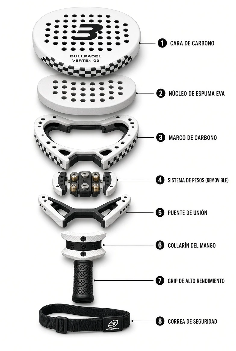 Despiece de la Bullpadel Vertex 05: sus 8 componentes (cara de carbono, núcleo de espuma EVA, marco de carbono, sistema de pesos removible, puente de unión, collarín del mango, grip de alto rendimiento y correa de seguridad) con la función de cada pieza.