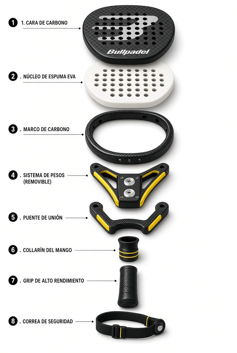 Despiece de la Bullpadel Xplo 26: sus 8 componentes (cara de carbono, núcleo de espuma EVA, marco de carbono, sistema de pesos removible, puente de unión, collarín del mango, grip de alto rendimiento y correa de seguridad) con la función de cada pieza.