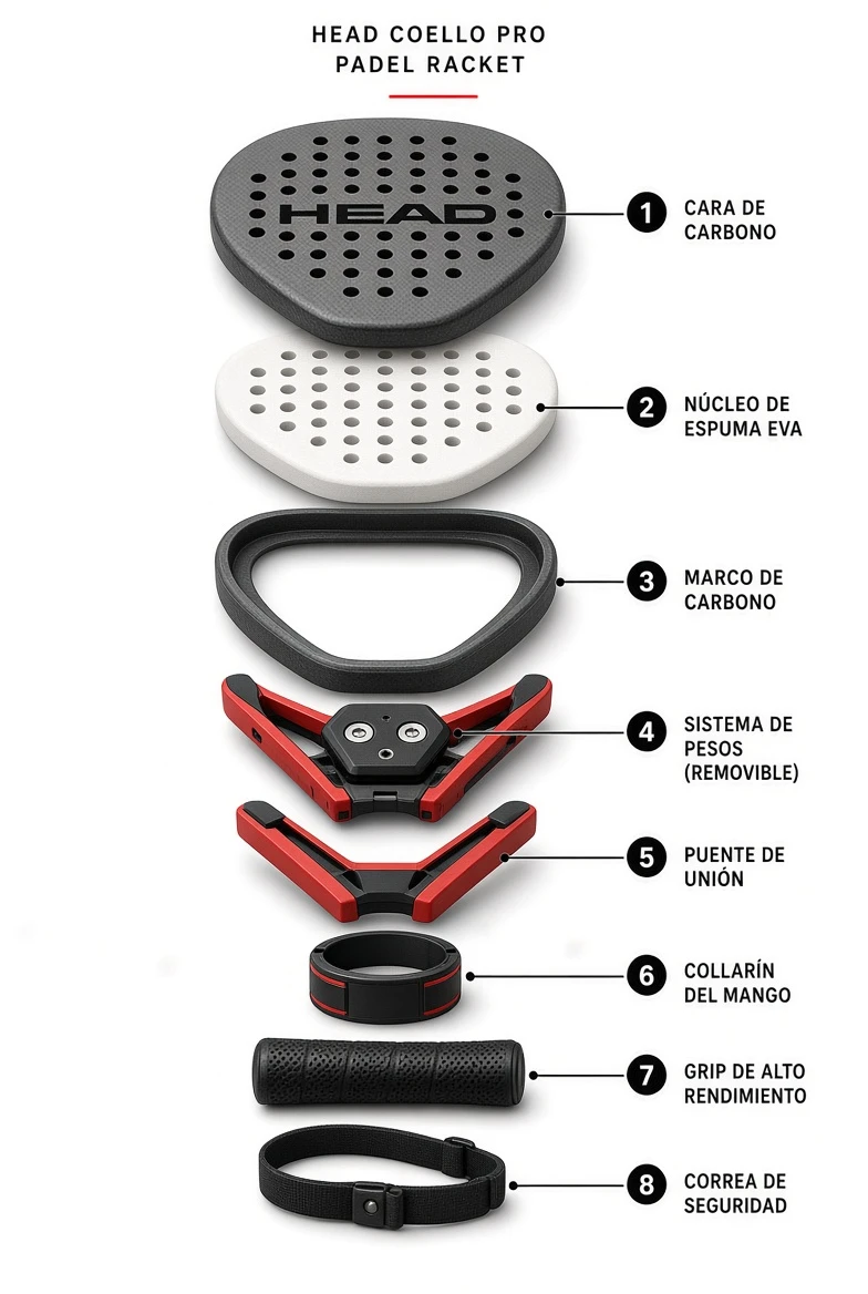Despiece de la Head Coello Pro: sus 8 componentes (cara de carbono, núcleo de espuma EVA, marco de carbono, sistema de pesos removible, puente de unión, collarín del mango, grip de alto rendimiento y correa de seguridad) con la función de cada pieza.