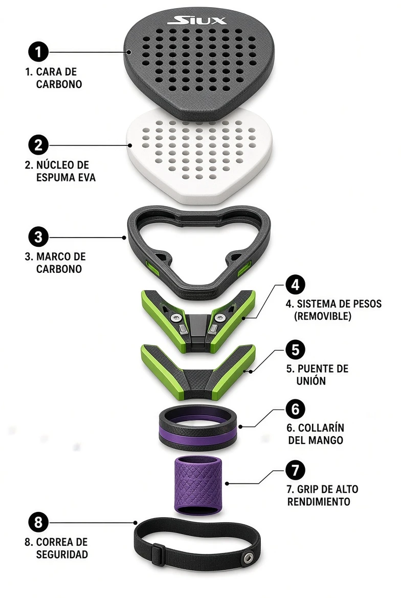 Despiece de la Siux Fenix Pro: sus 8 componentes (cara de carbono, núcleo de espuma EVA, marco de carbono, sistema de pesos removible, puente de unión, collarín del mango, grip de alto rendimiento y correa de seguridad) con la función de cada pieza.